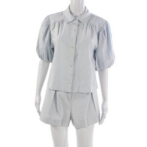 Something Navy Womens Collared Short Sleeve Linen Blend Blouse Set Blue Size S